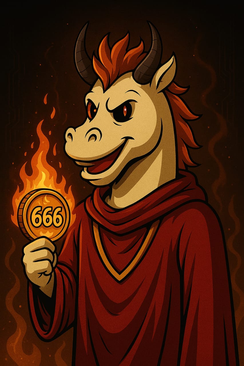 Illustrated 666 horse holding a glowing coin