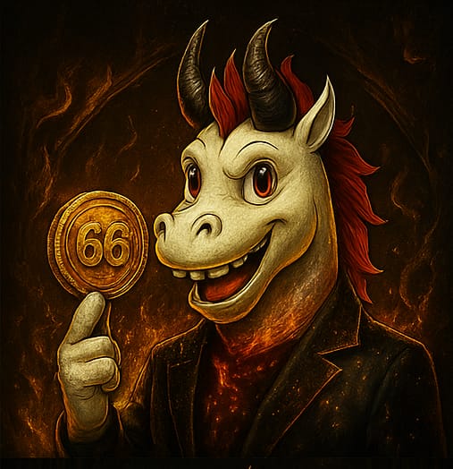 The 666 horse in a dark jacket, holding a coin